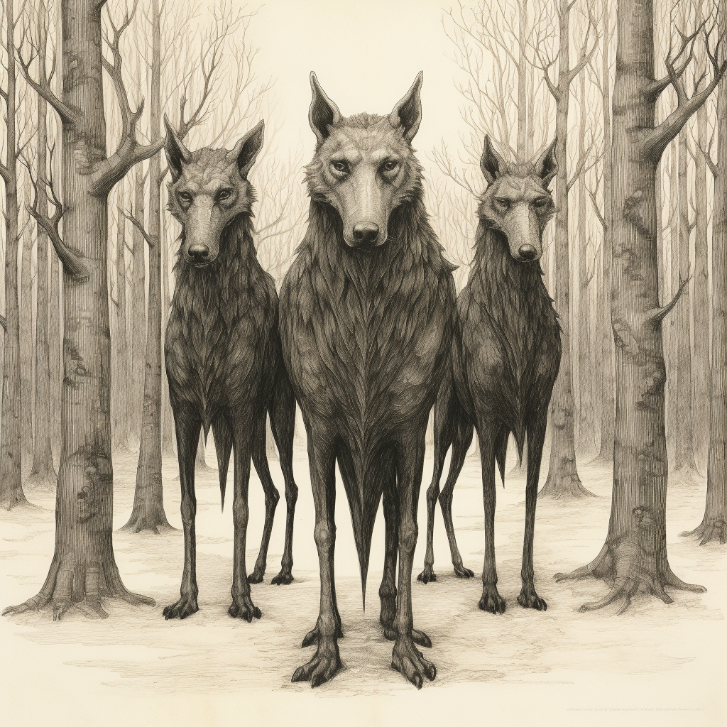 Cerberus standing in forest clearing