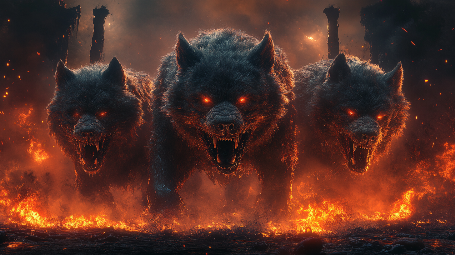 Three-headed Cerberus guarding underworld gates