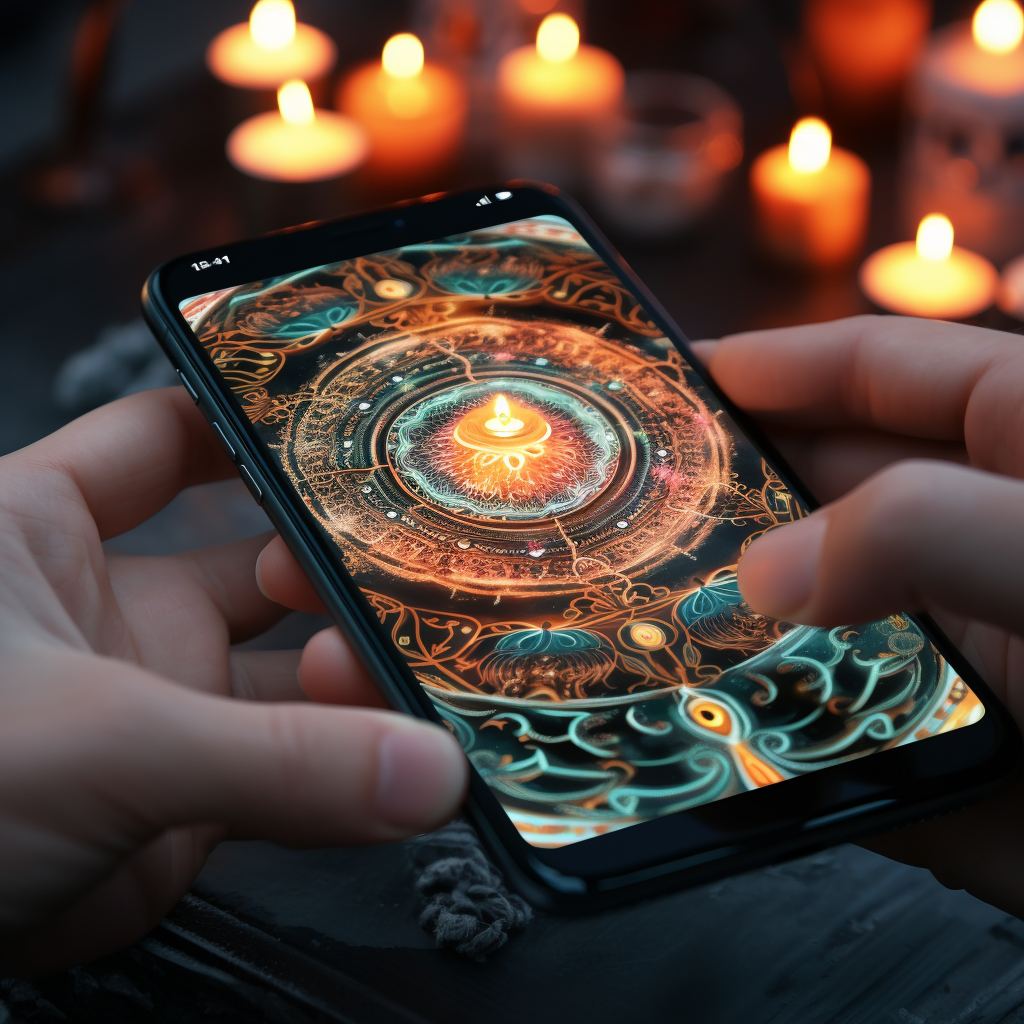 Smartphone capturing ceremony with candles and mandala