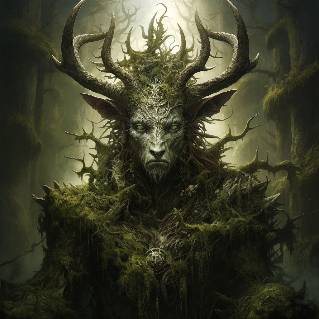 Elaborate horned forest god in twilight clearing