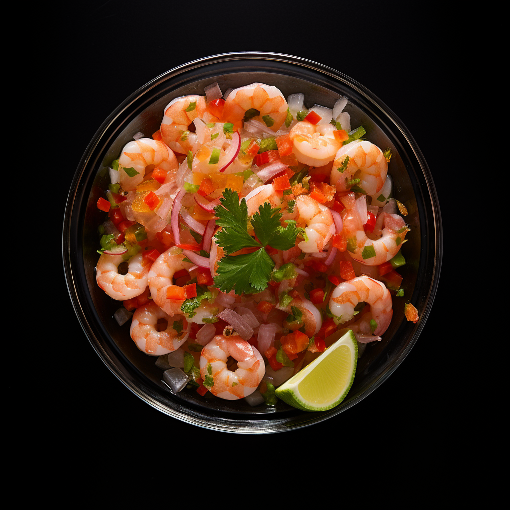 Freshly made ceviche shrimp on black background