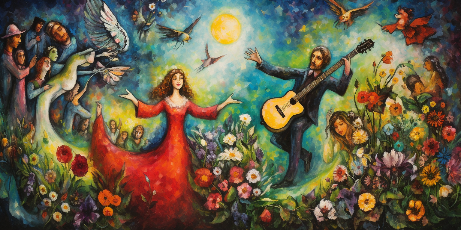 Colorful Chagall-style celebration of life