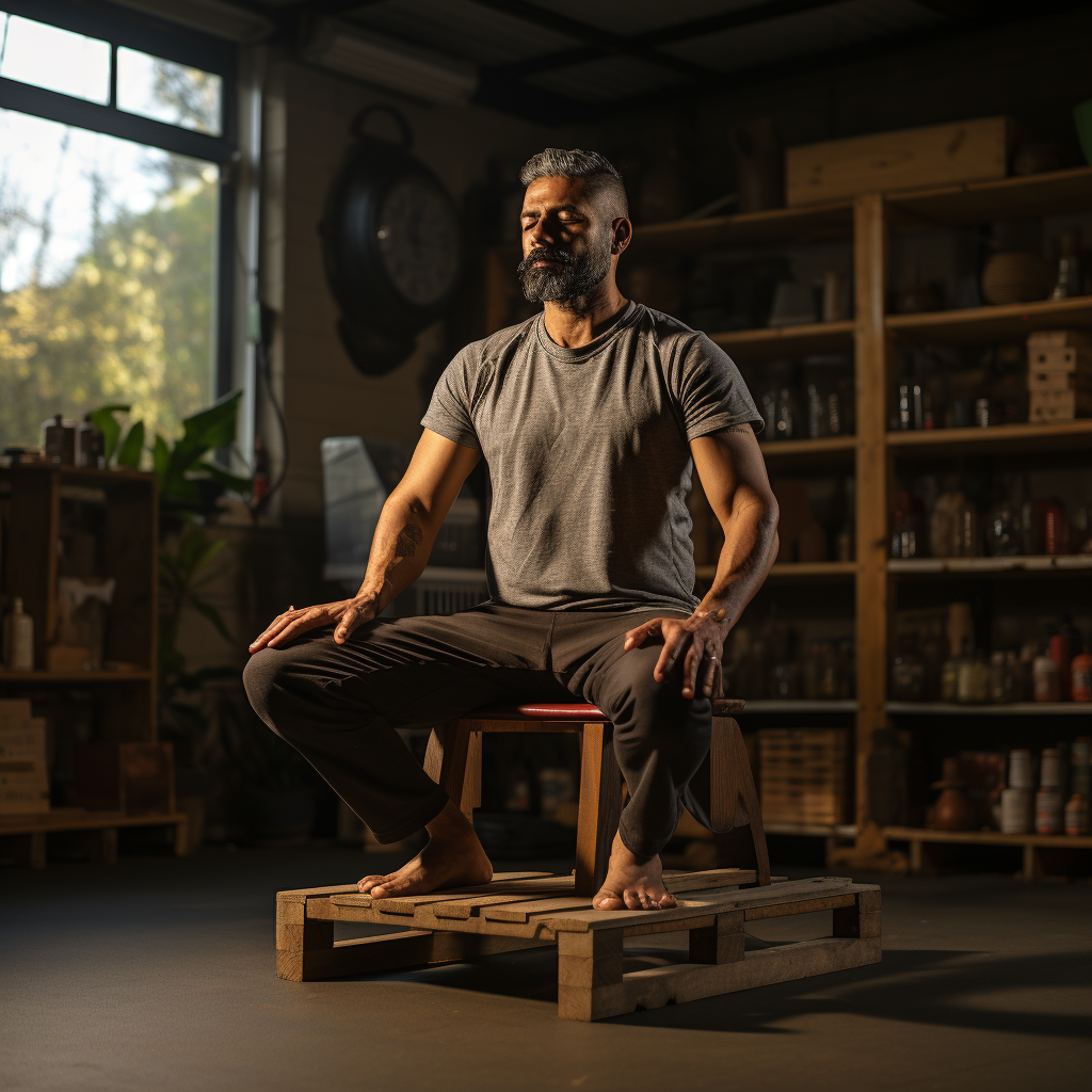 Man performing chair-supported yoga pose