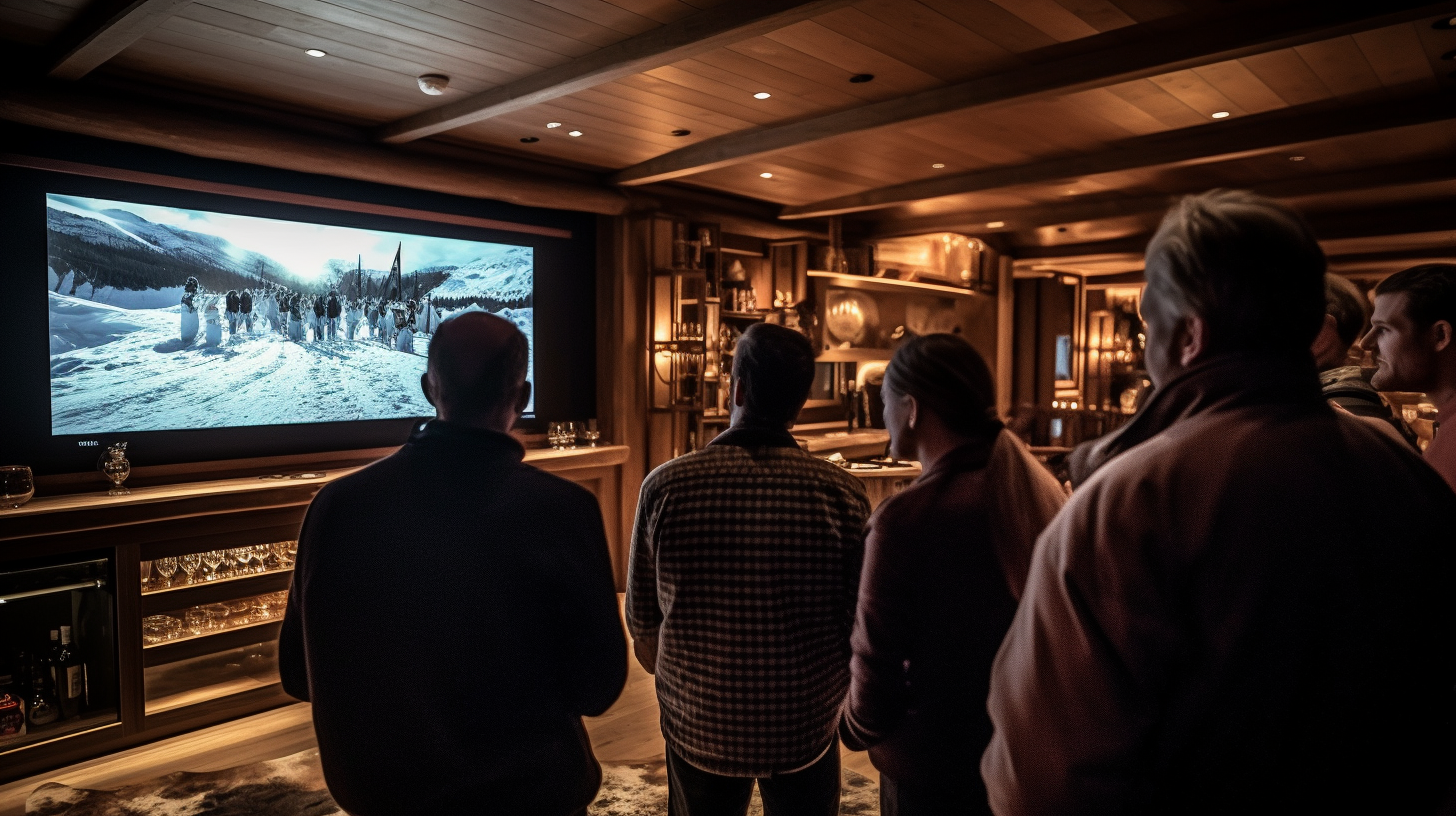 Luxury chalet interior with large screen at party