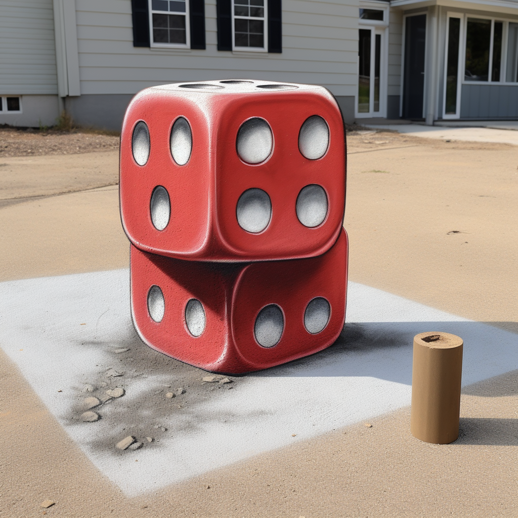 House chalk drawing with red dice