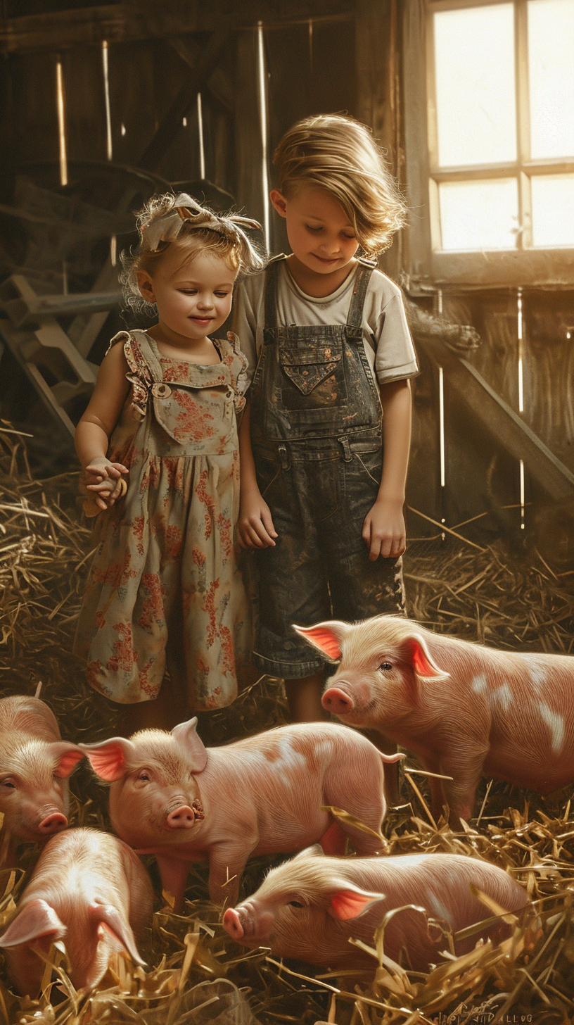 Chalk Drawings in Farm Barn with Girl, Boy, Pigs