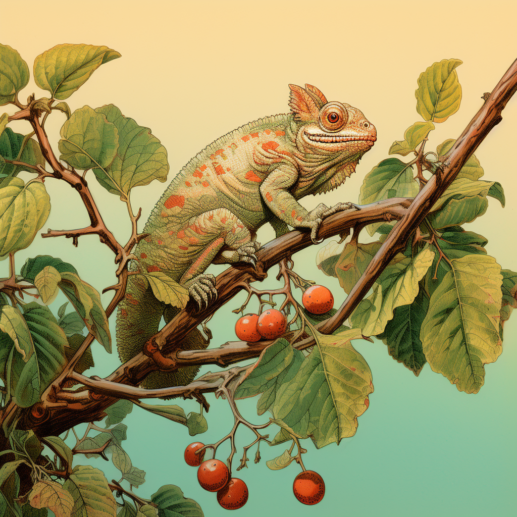 Illustration of a colorful chameleon on a branch