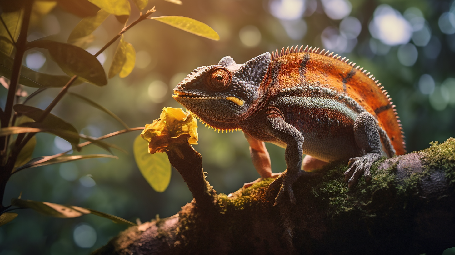 Chameleon catching bee on tree branch