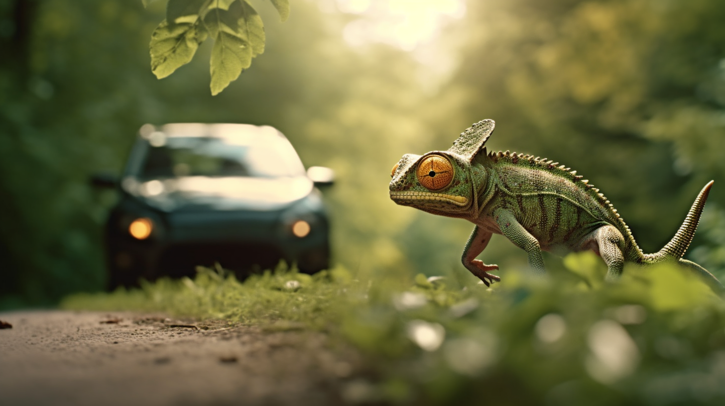 Chameleon tongue attacks bee in golden hour forest