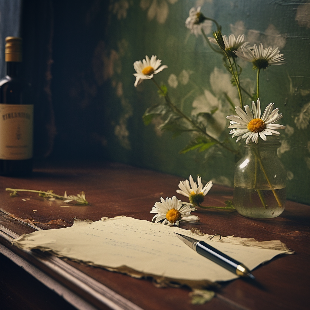 chamomile flower on wooden desk