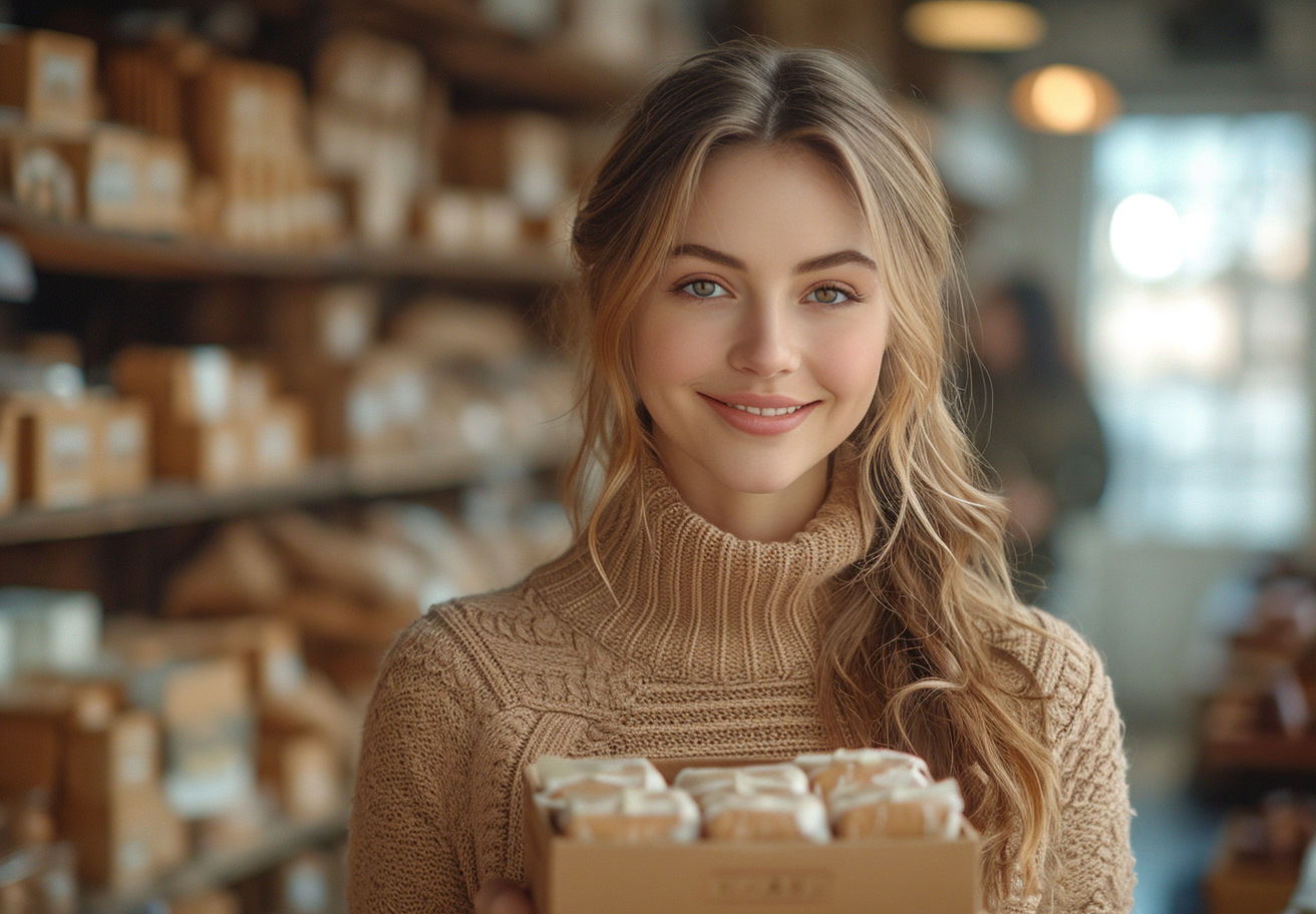 Woman receiving box of chocolate in office