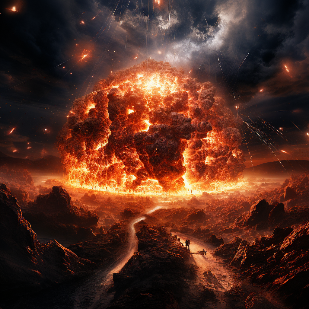 Chaotic scene with explosions, holes, lasers, lava, and debris