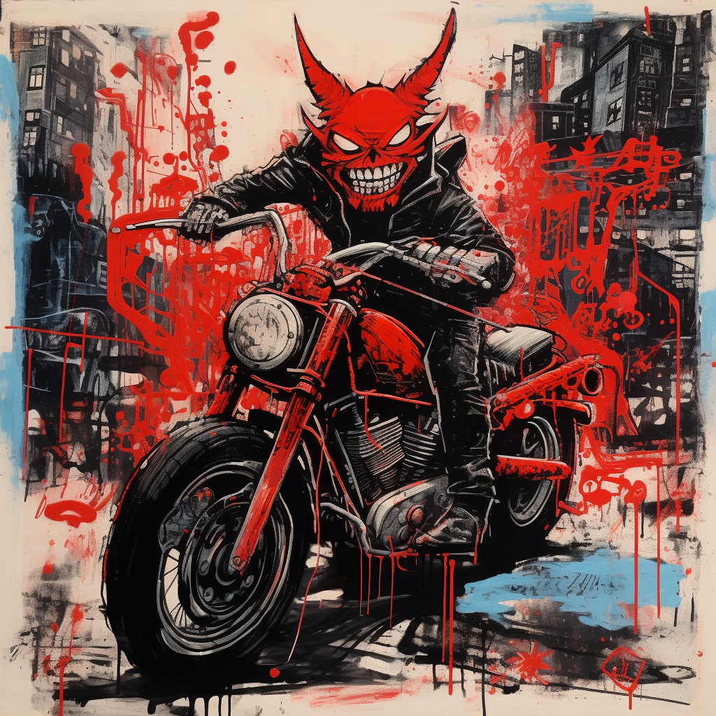 Image of a chaotic punk city with a demon riding a motorcycle