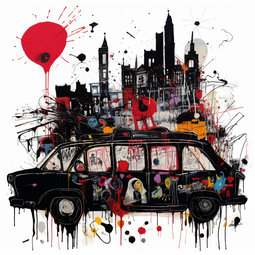 Abstract cityscape with hearse and red blots