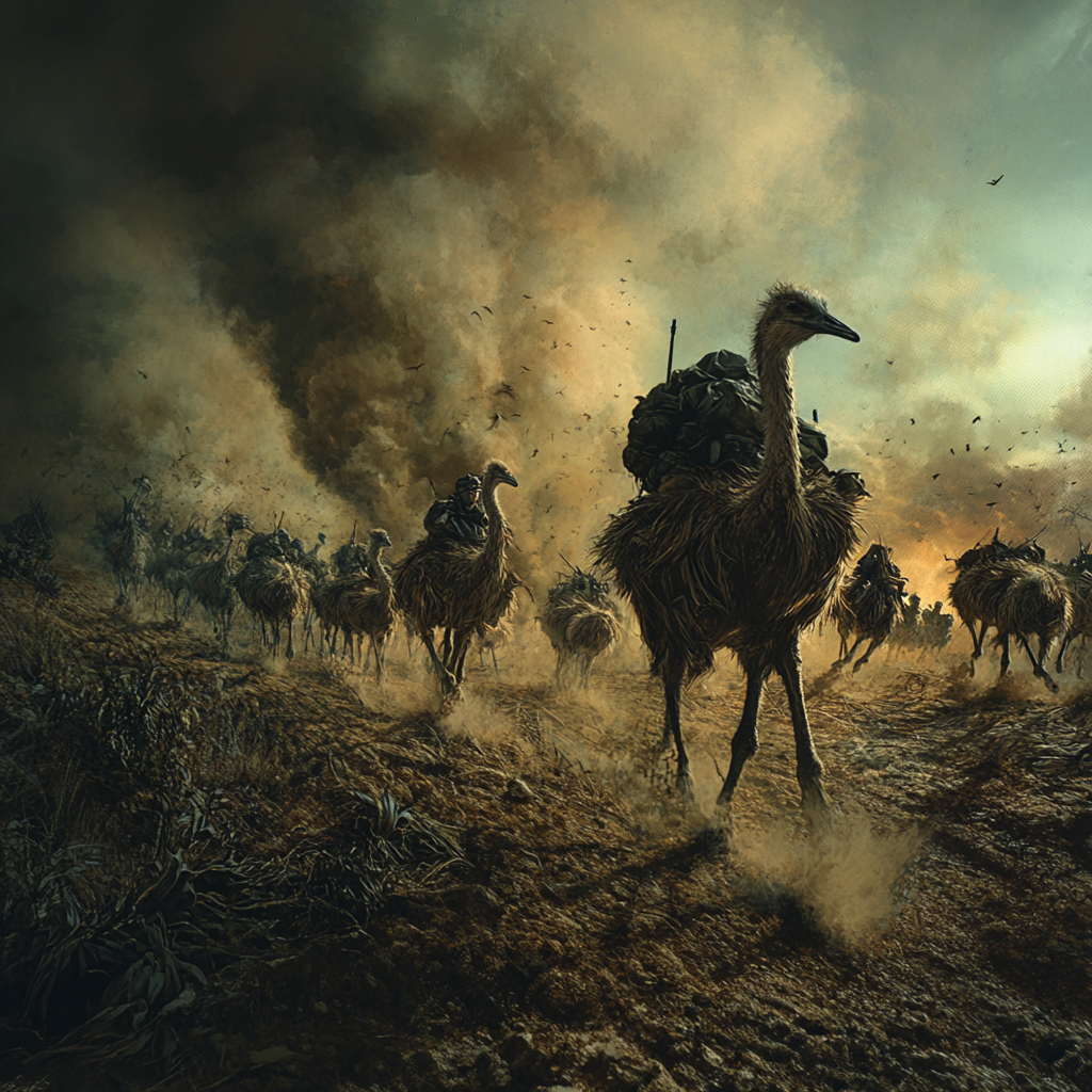 chaotic scene soldiers emus contrast