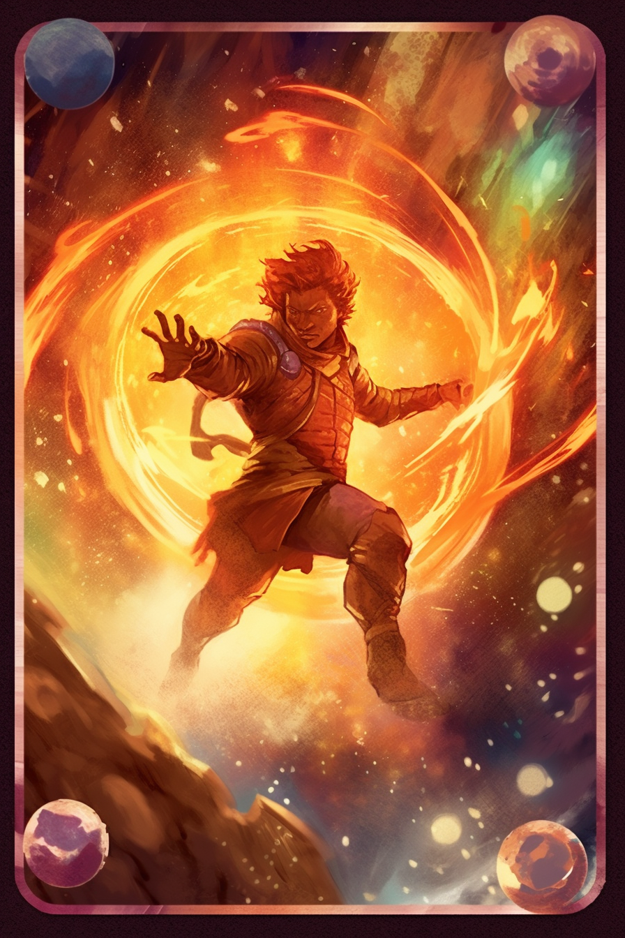 Character casting fiery fireball in space fantasy