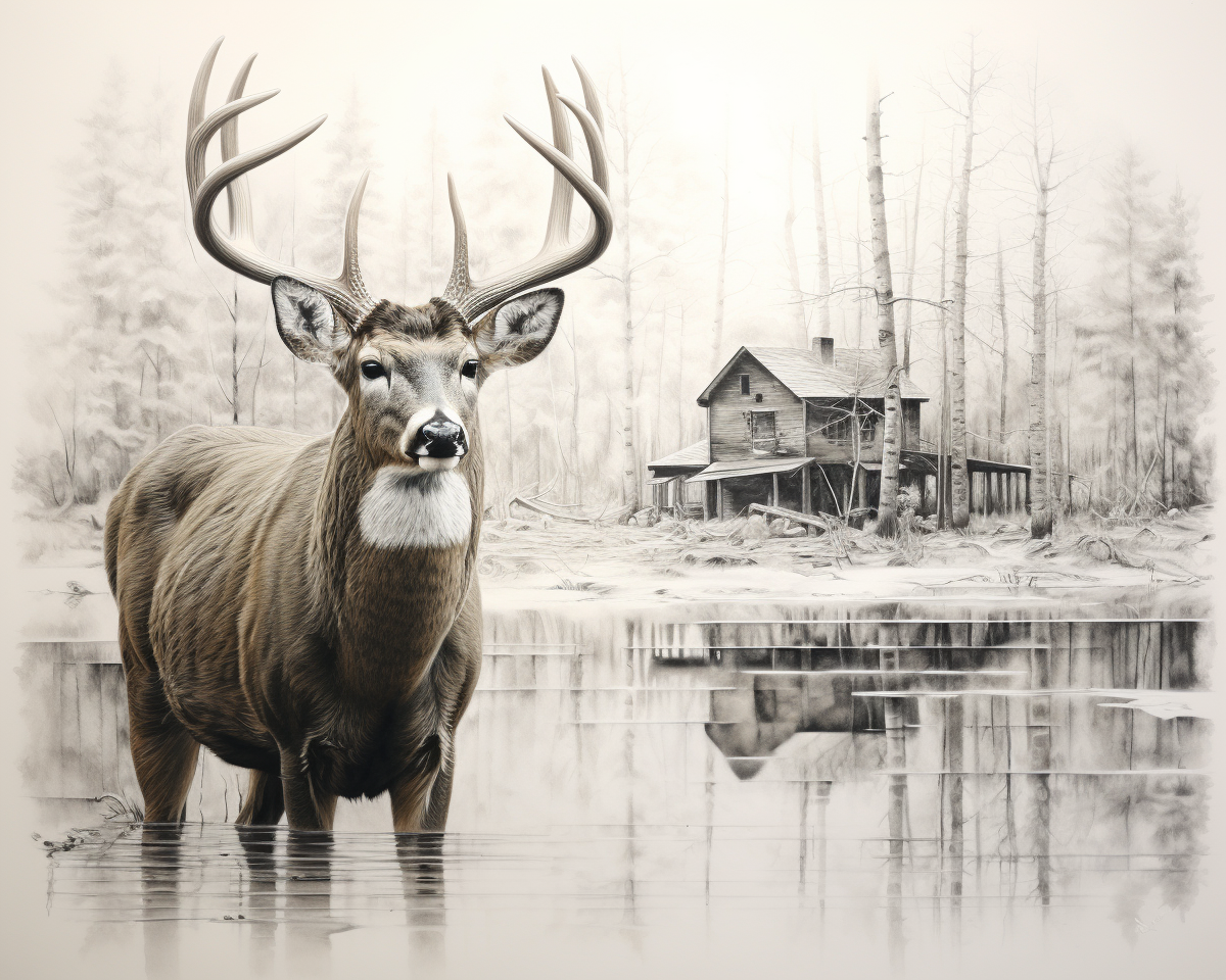 Detailed charcoal art of a double exposure whitetail buck with cabin and woods