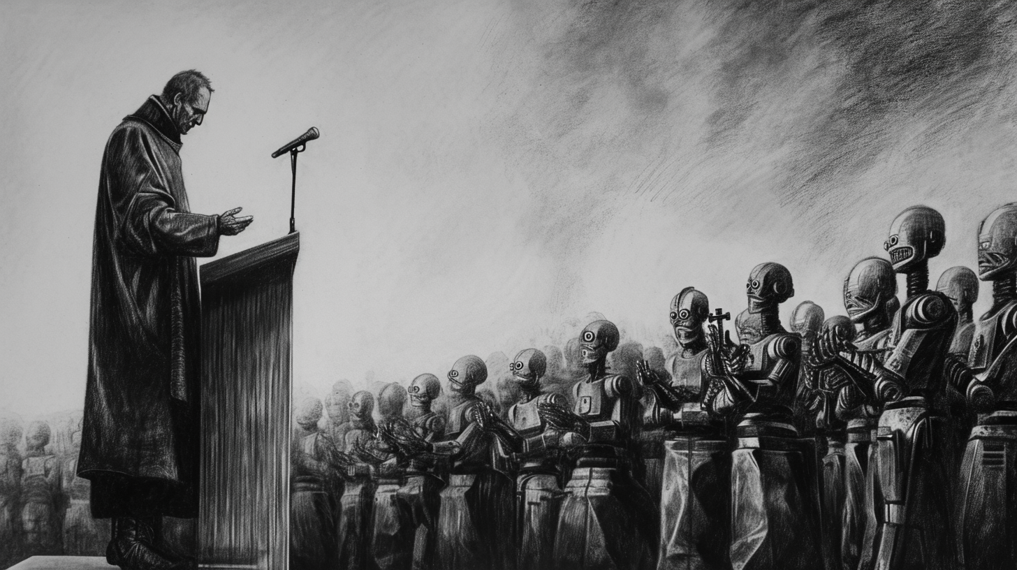 Charcoal drawing of man giving speech to robot army