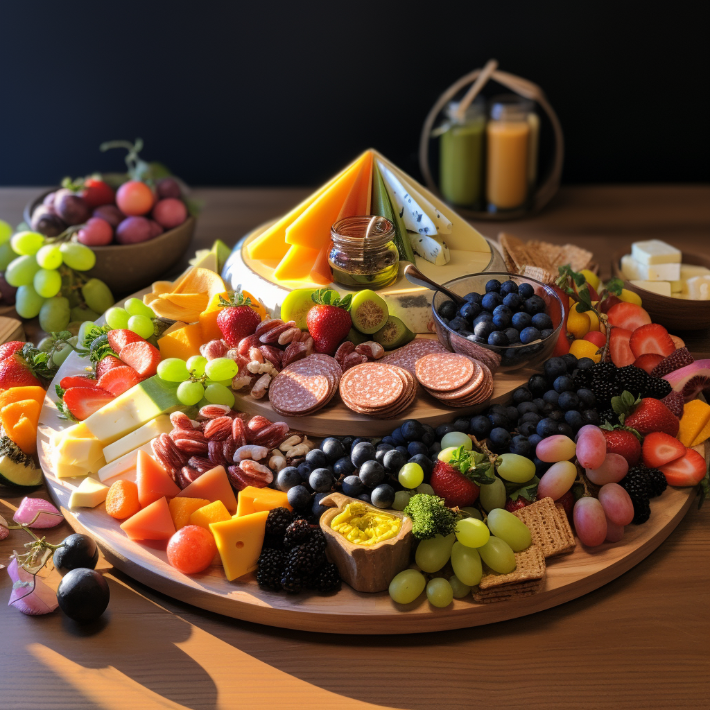 A vibrant charcuterie board with cheese, fruits, and jam