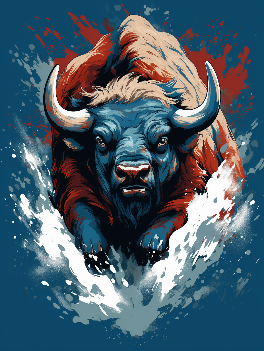 Charging buffalo splash art in red, white, and blue