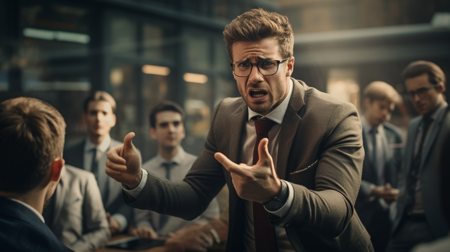 Charismatic businessman arguing with workmates in office