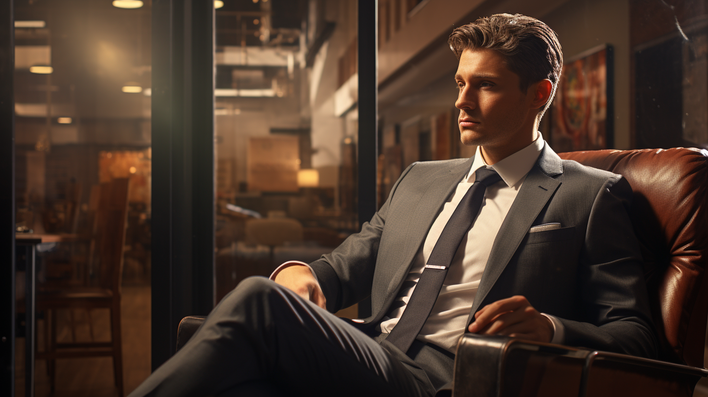 Charismatic businessman indoors, photorealistic image