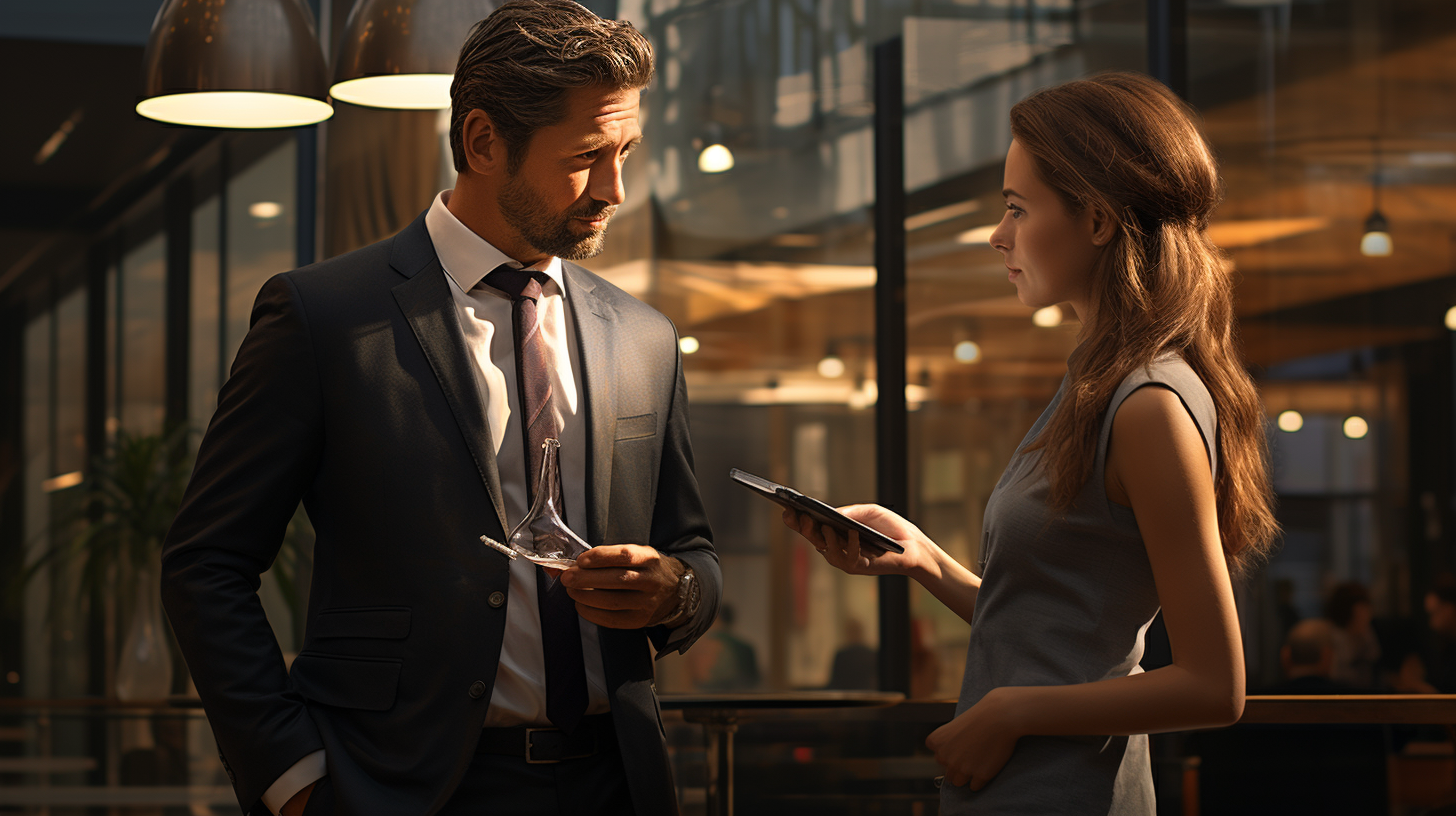 Businessman engaging in office conversation with teammate