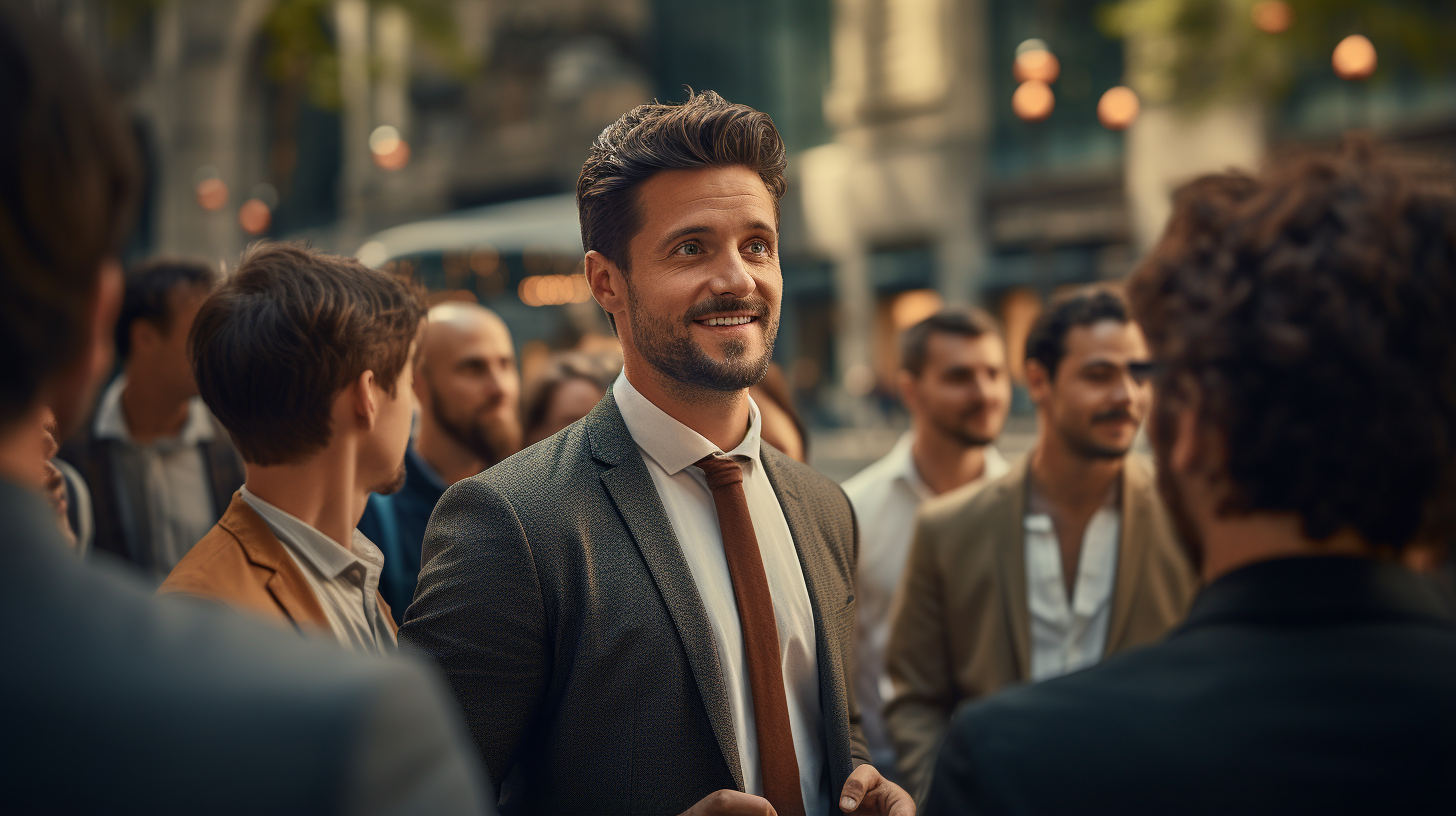 Charismatic businessman leading outdoor team meeting