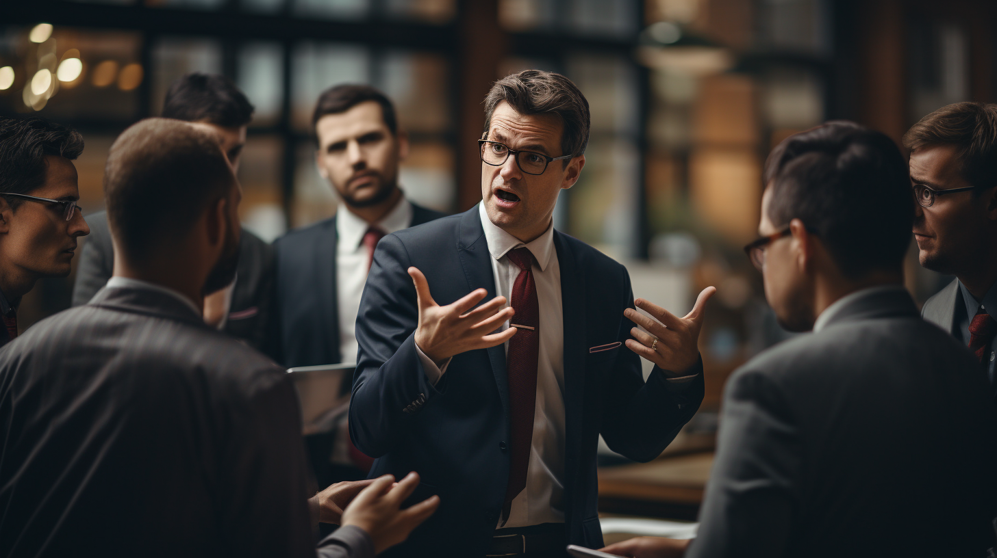 Charismatic businessman talking to workmates in office