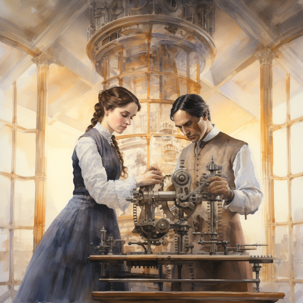 Watercolor painting of Charles Babbage and Ada Lovelace