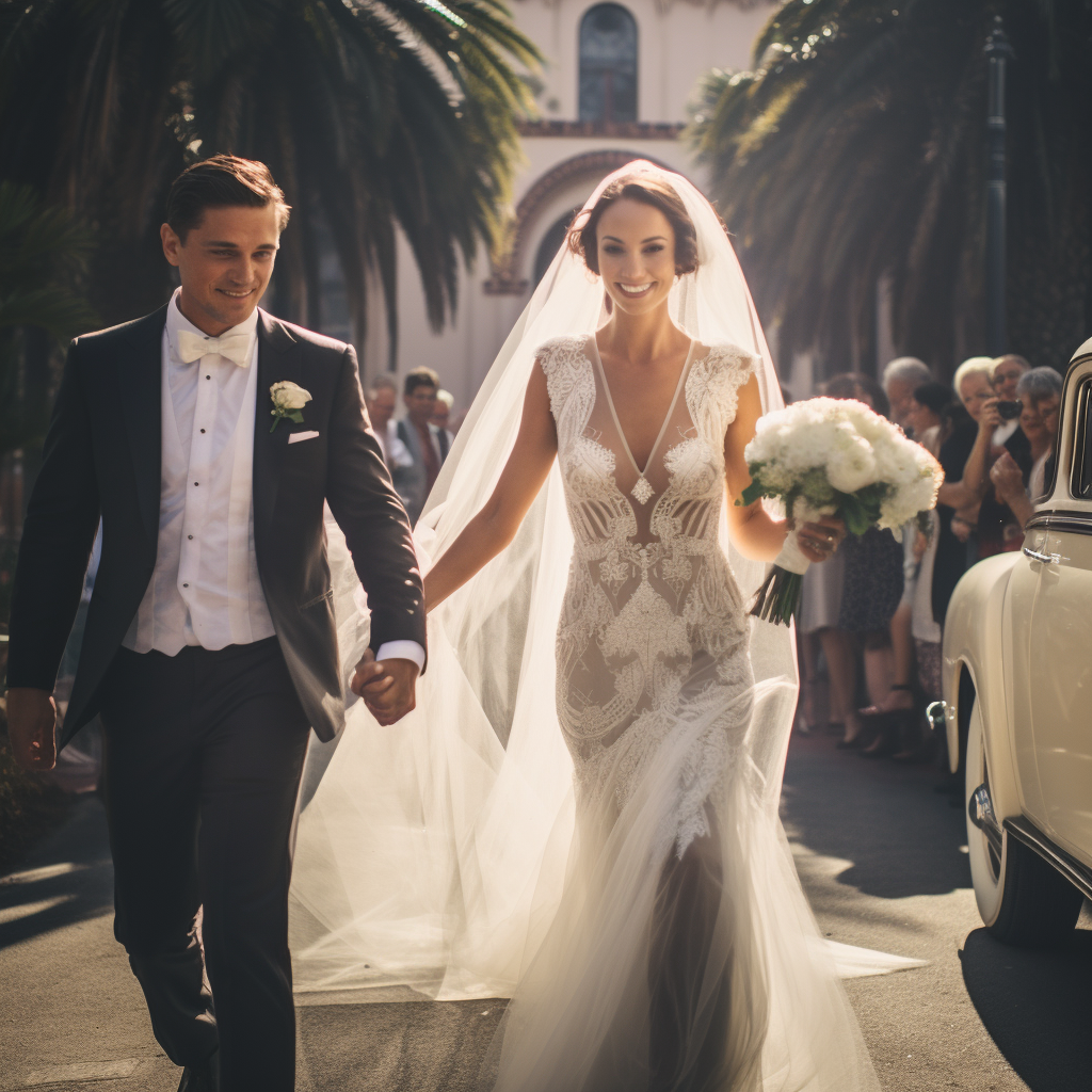 Glamorous bride and groom outside church