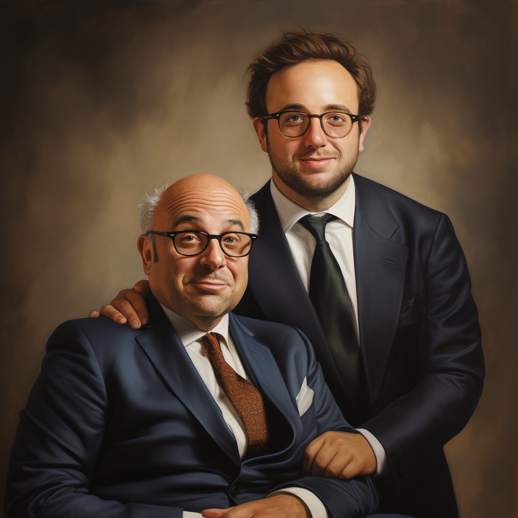 Portrait of Charlie Day and Danny DeVito in suits