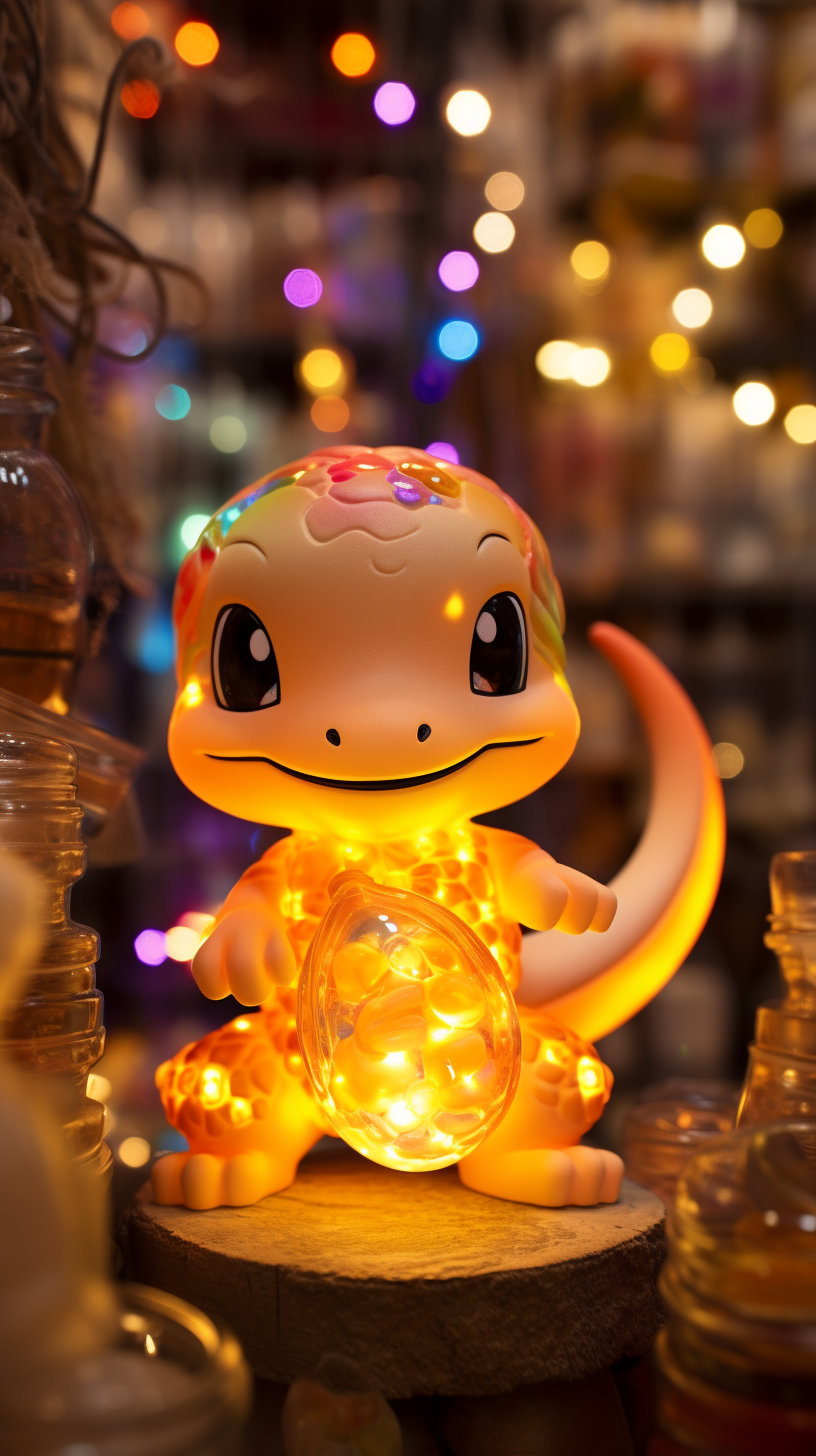 Charmander inside a vibrant collectables store