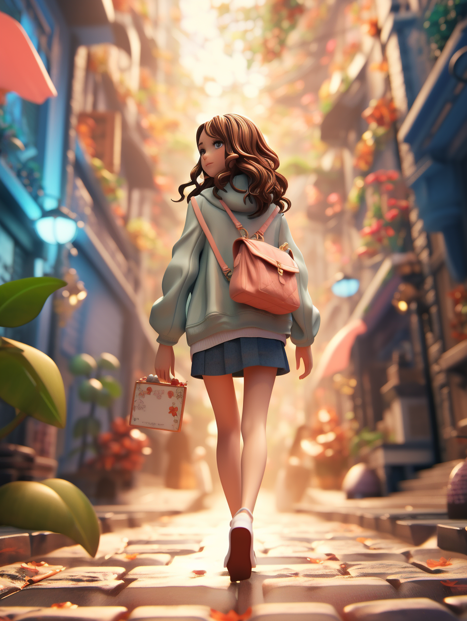 Beautiful anime girl walking on the street