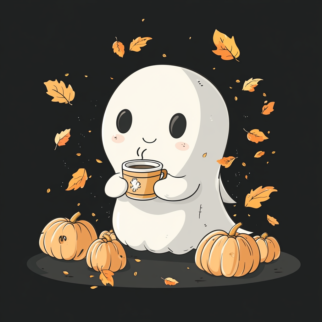 Cute ghost with coffee and pumpkins