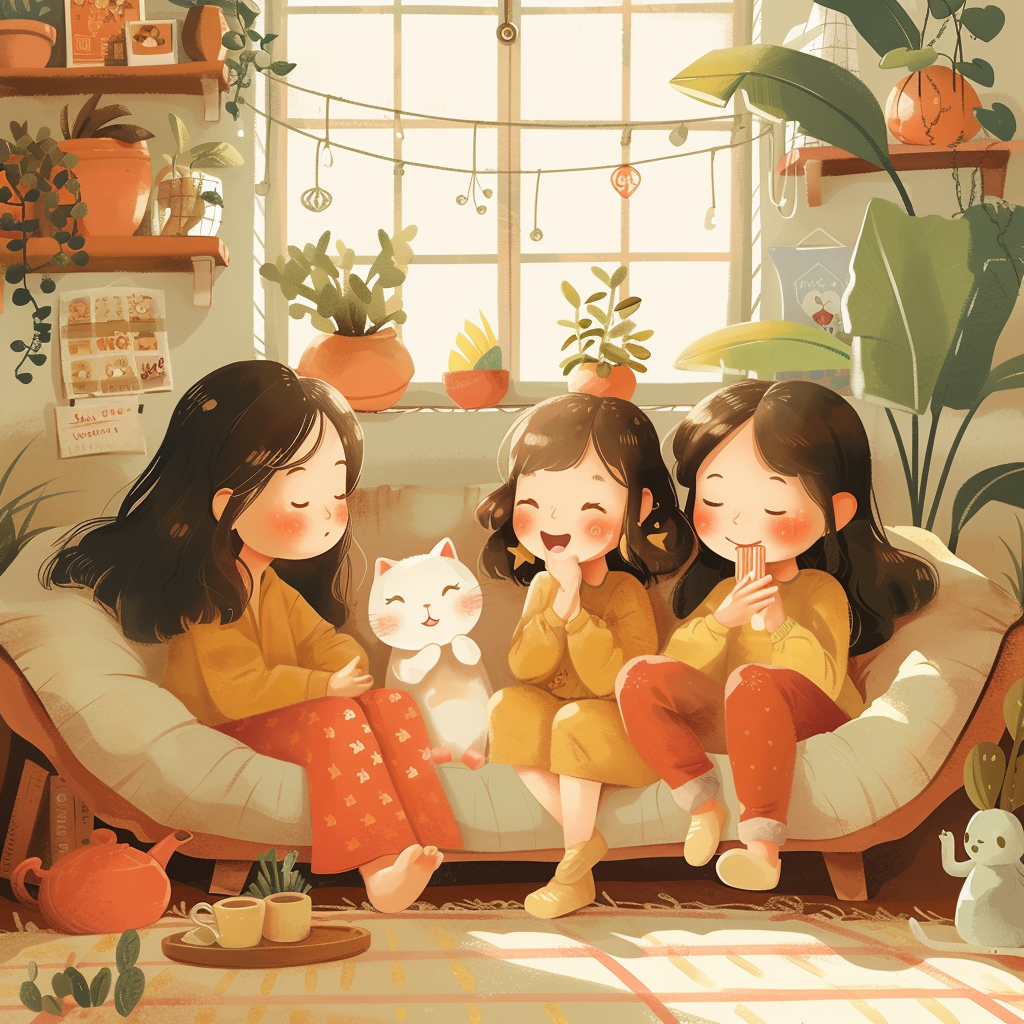 Sisters on Sofa - Kawaii Style