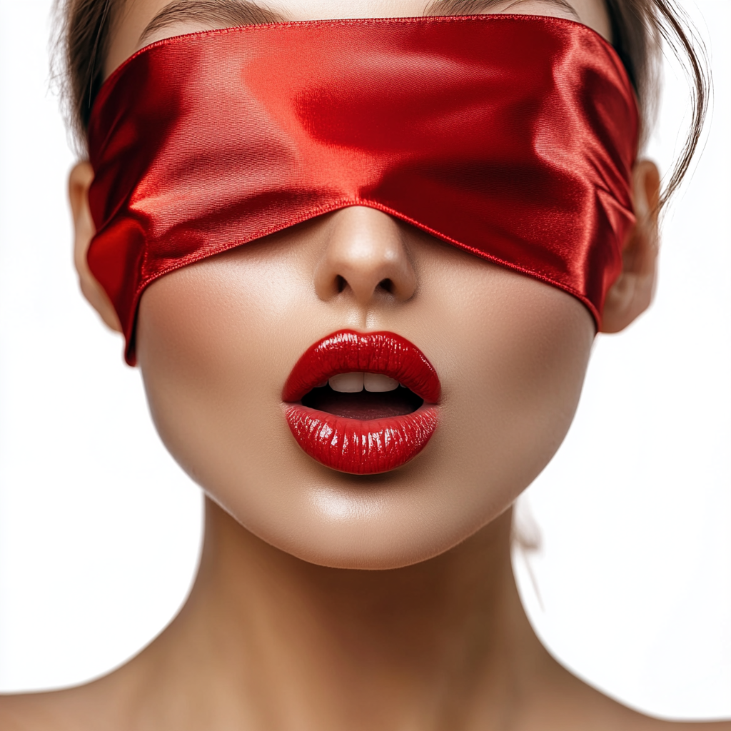 Beautiful woman red blindfold tongue