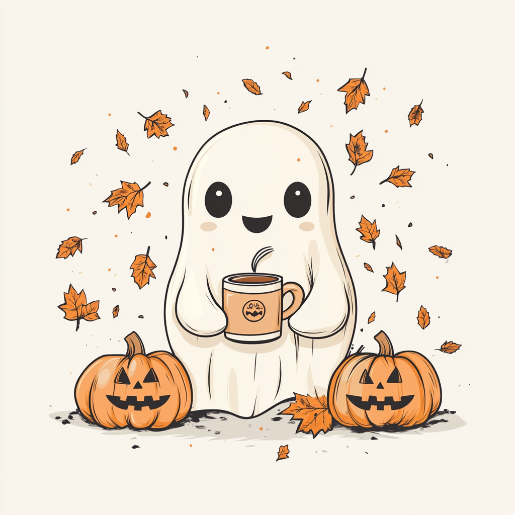 Cute Ghost with Coffee and Pumpkins