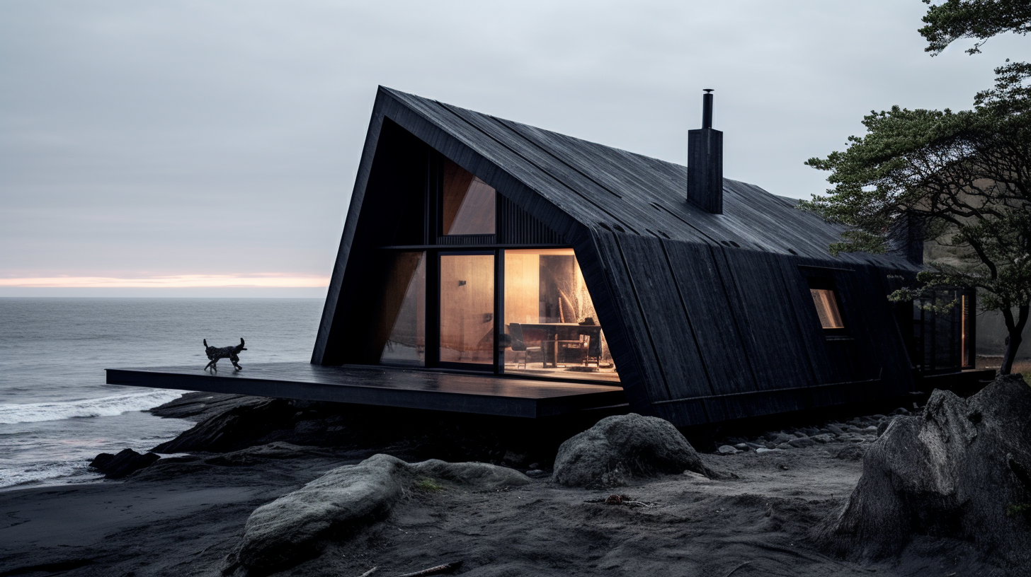 Unique charred wood cabin on the beach