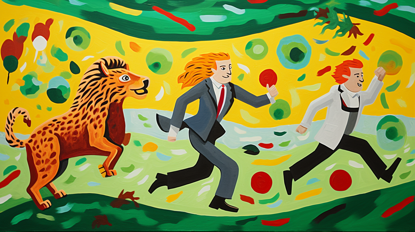 Illustration of businessman chasing leprechaun with lion