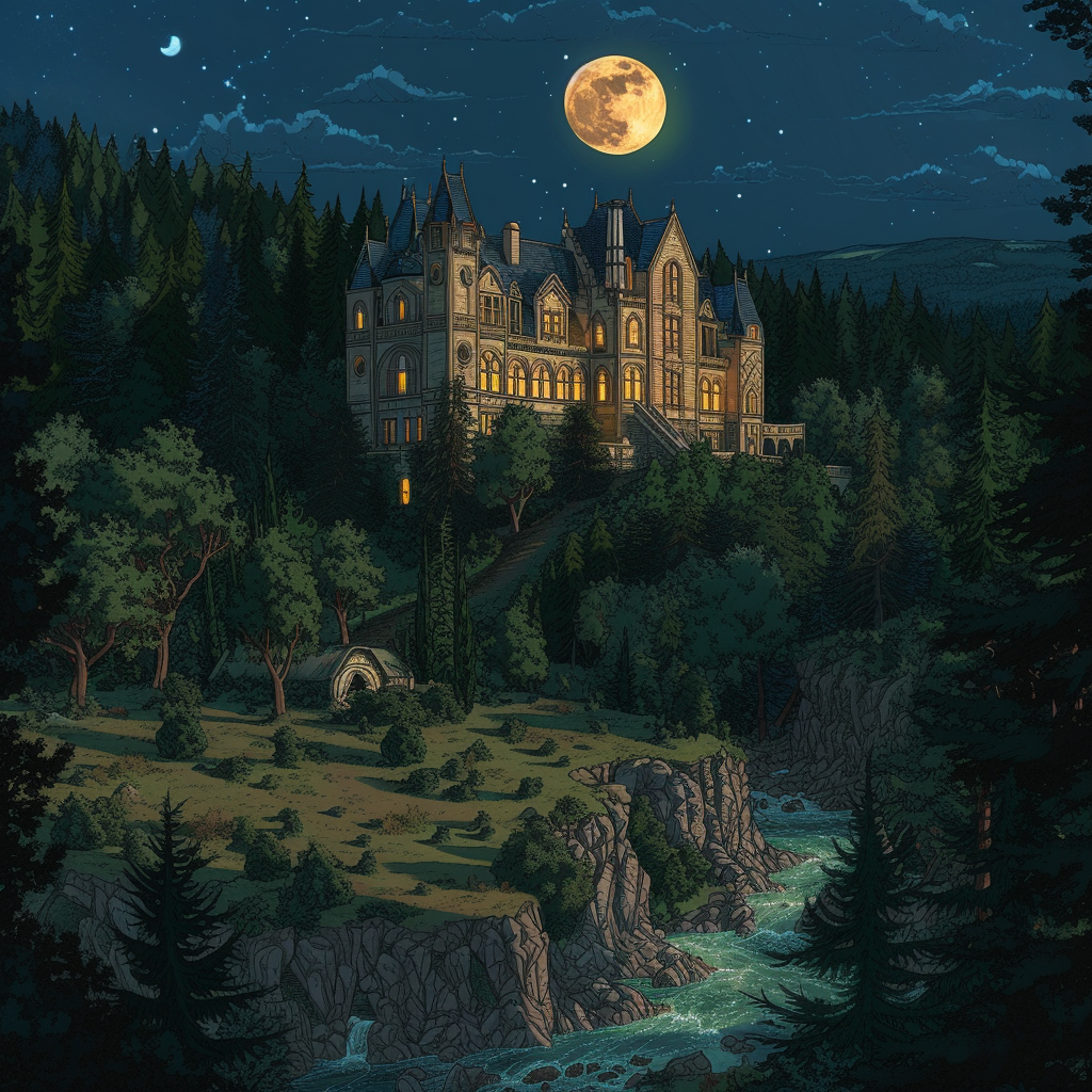 Night time forest scene at Château de Ripaille