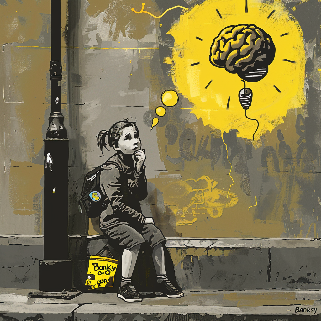 Banksy style character chatting teen brain