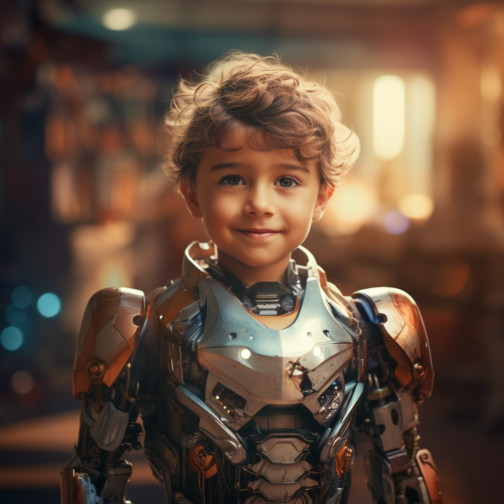 cheerful 5-year-old boy transformed into a robot