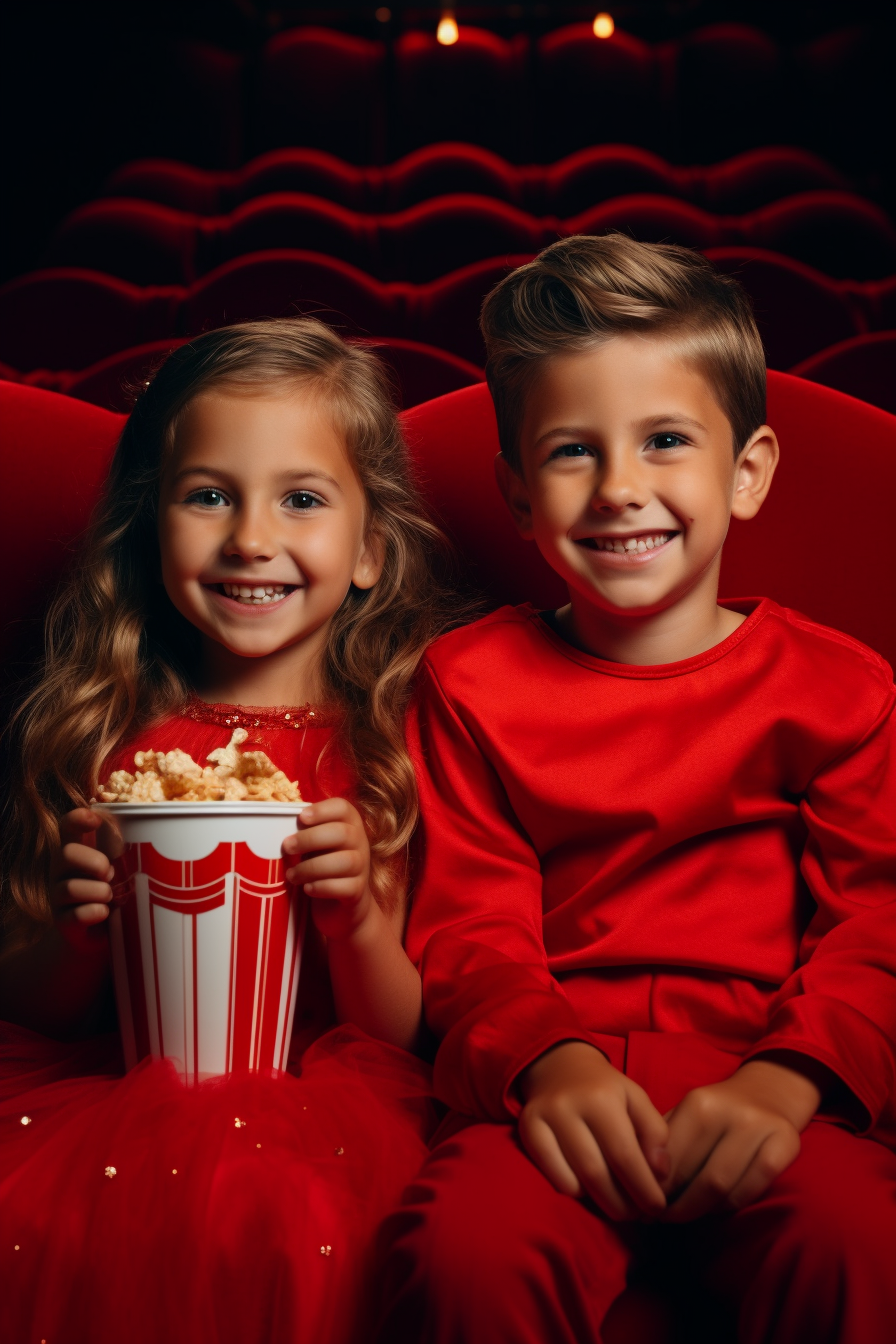 Cheerful cute princess and boy eating popcorn in cinema