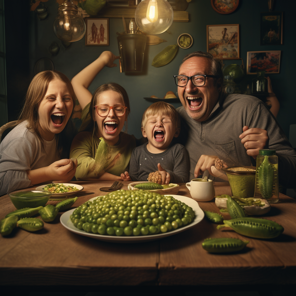 Family enjoying delicious pea dishes