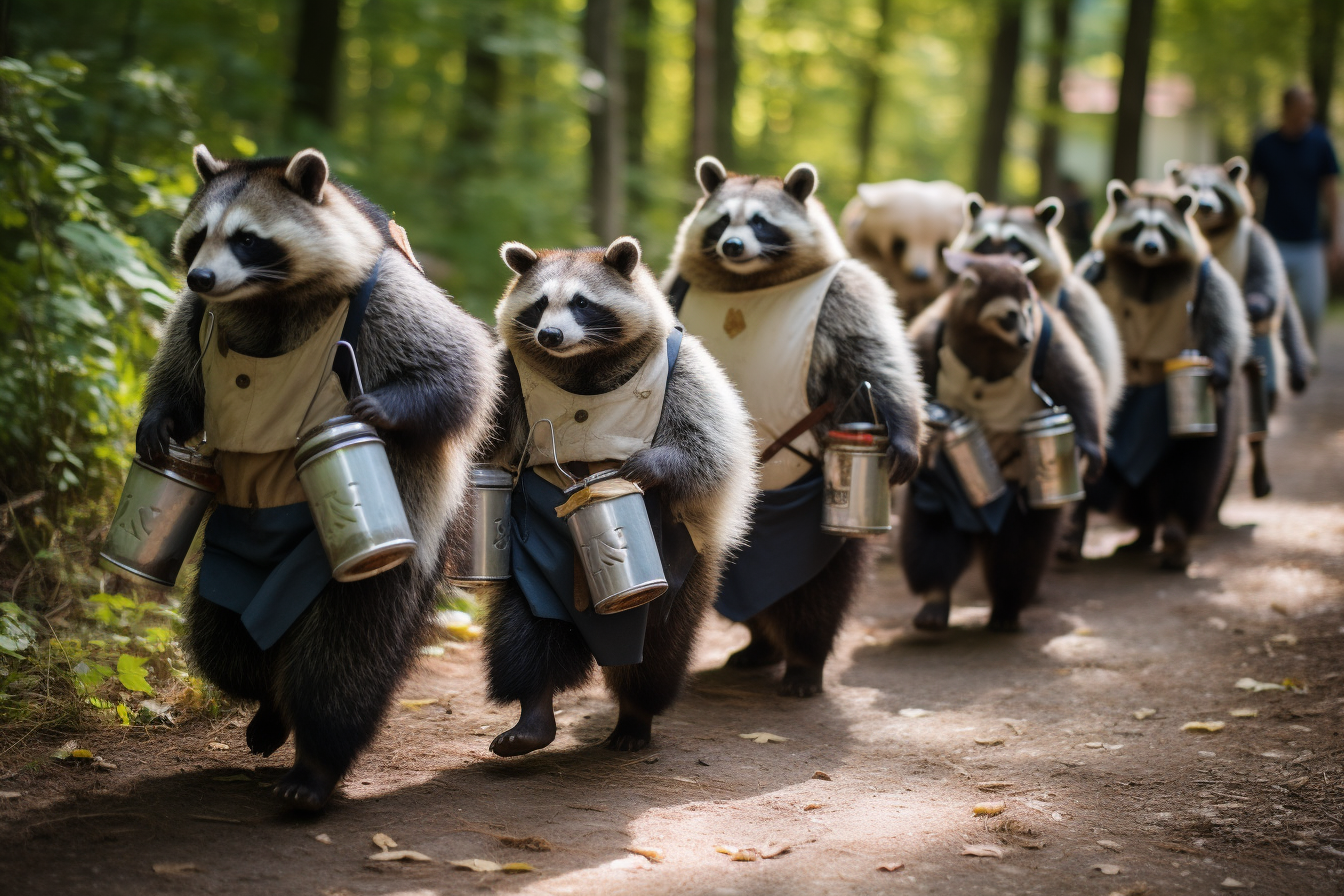 Group of joyful raccoons at Oktoberfest