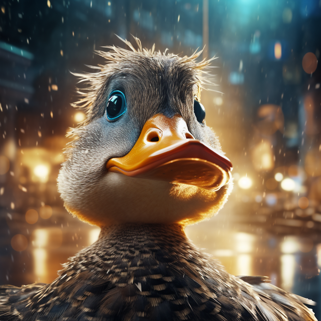 Cheerful mallard duck in Blade Runner