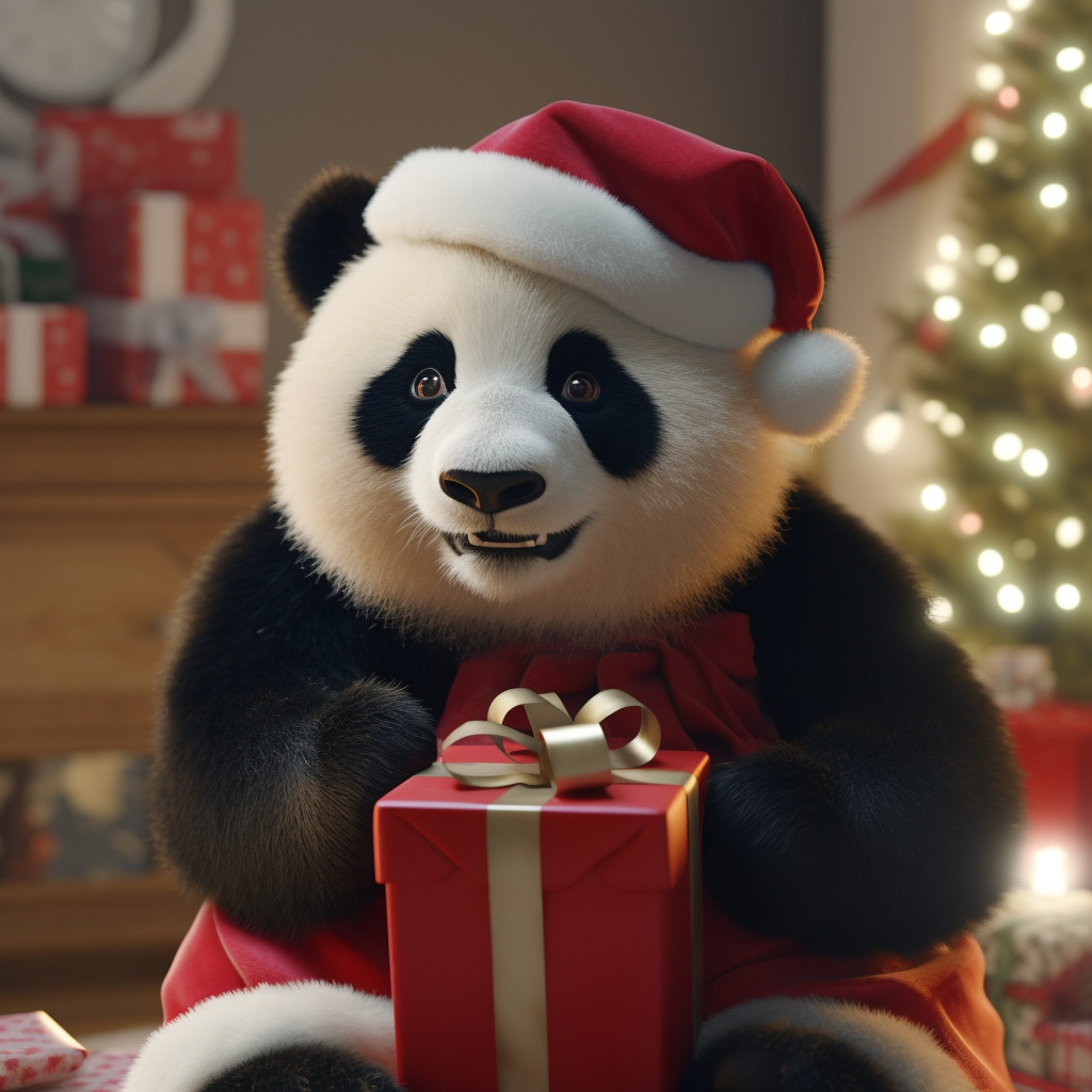 Cheerful panda in Christmas dress and Santa hat