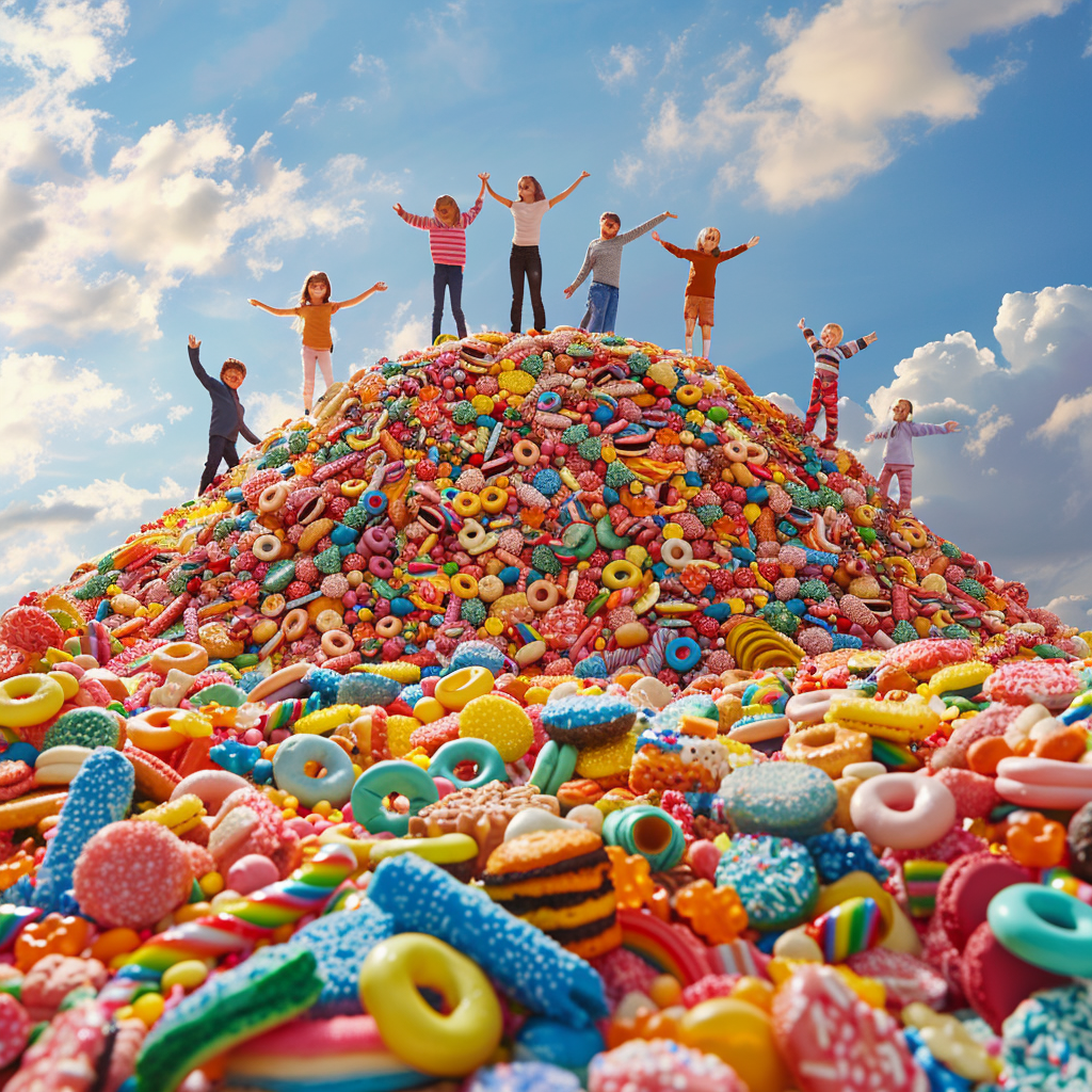 Cheerful people in candy mountain