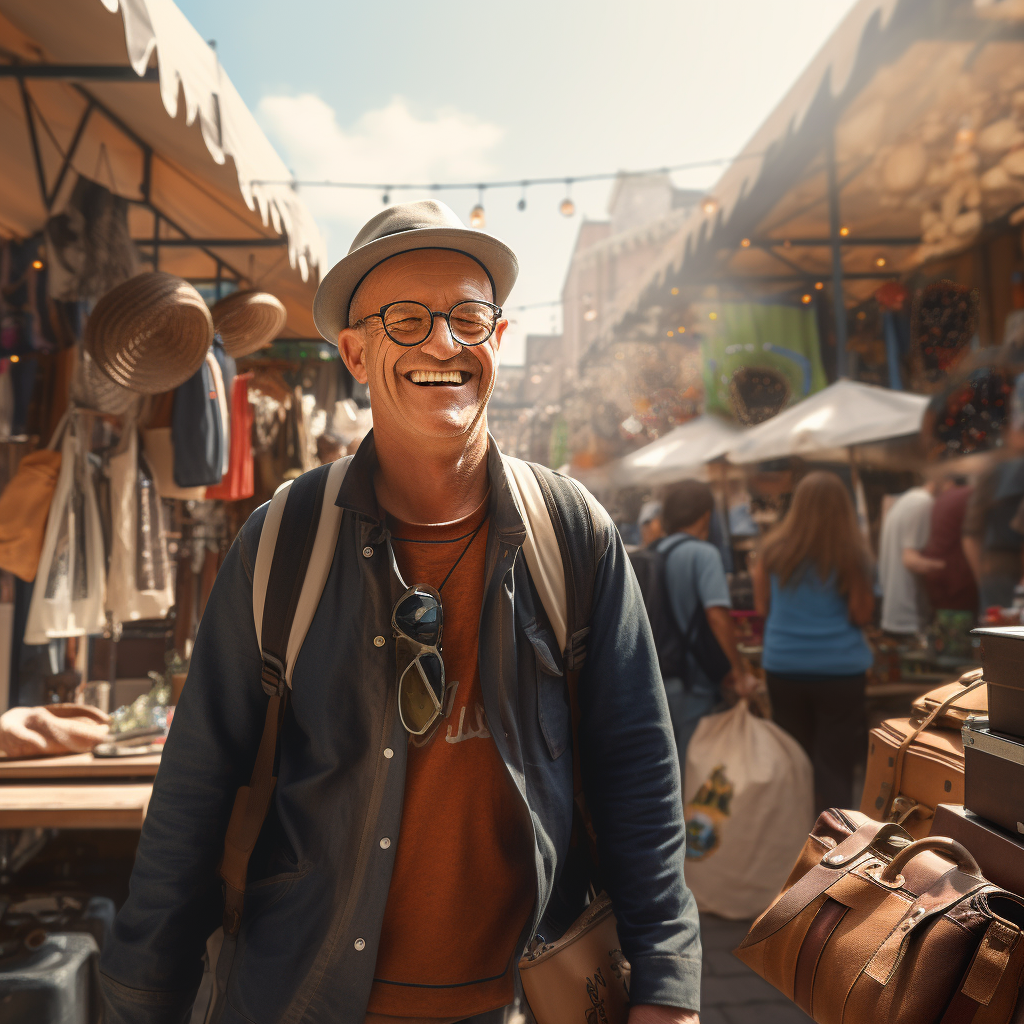 Person walking at flea market with cheerful expression